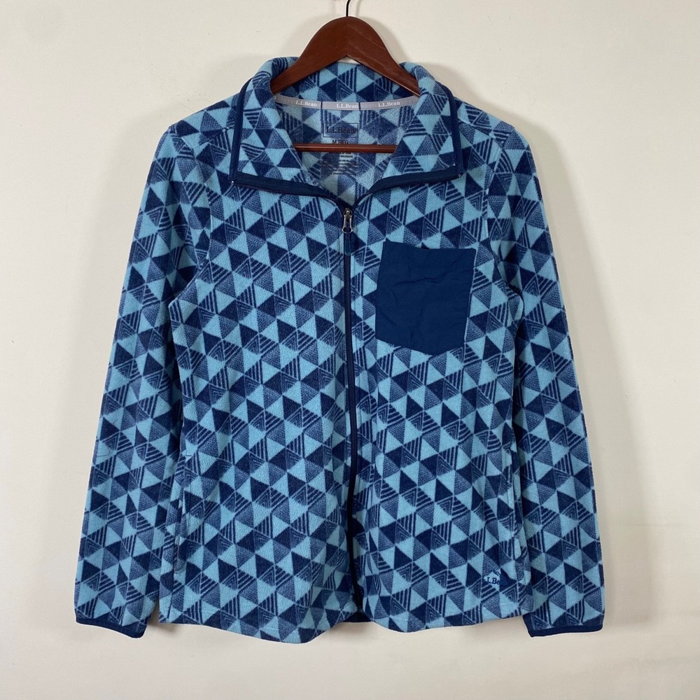 L.L. Bean Womens Fleece Jacket Blue Geometric Full Zip Medium Gorpcore Winter - Picture 2 of 5